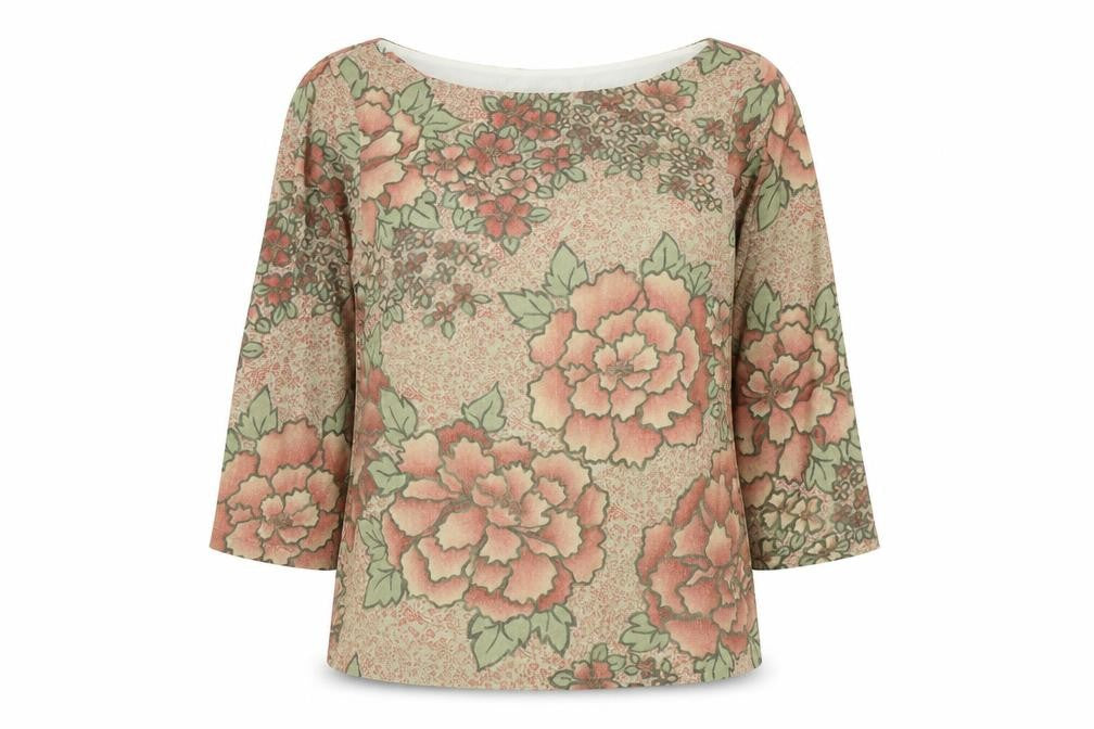 Kaliko Womens Brown Floral Polyester Basic Blouse Size 14 Boat Neck