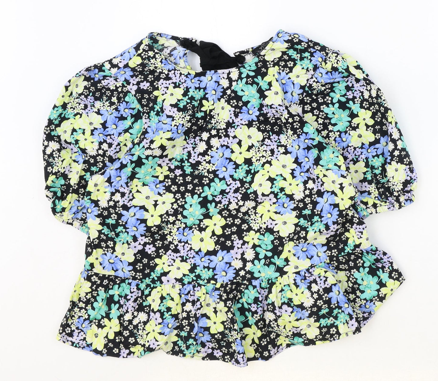 New Look Womens Black Floral 100% Cotton Basic Blouse Size 10 Round Neck