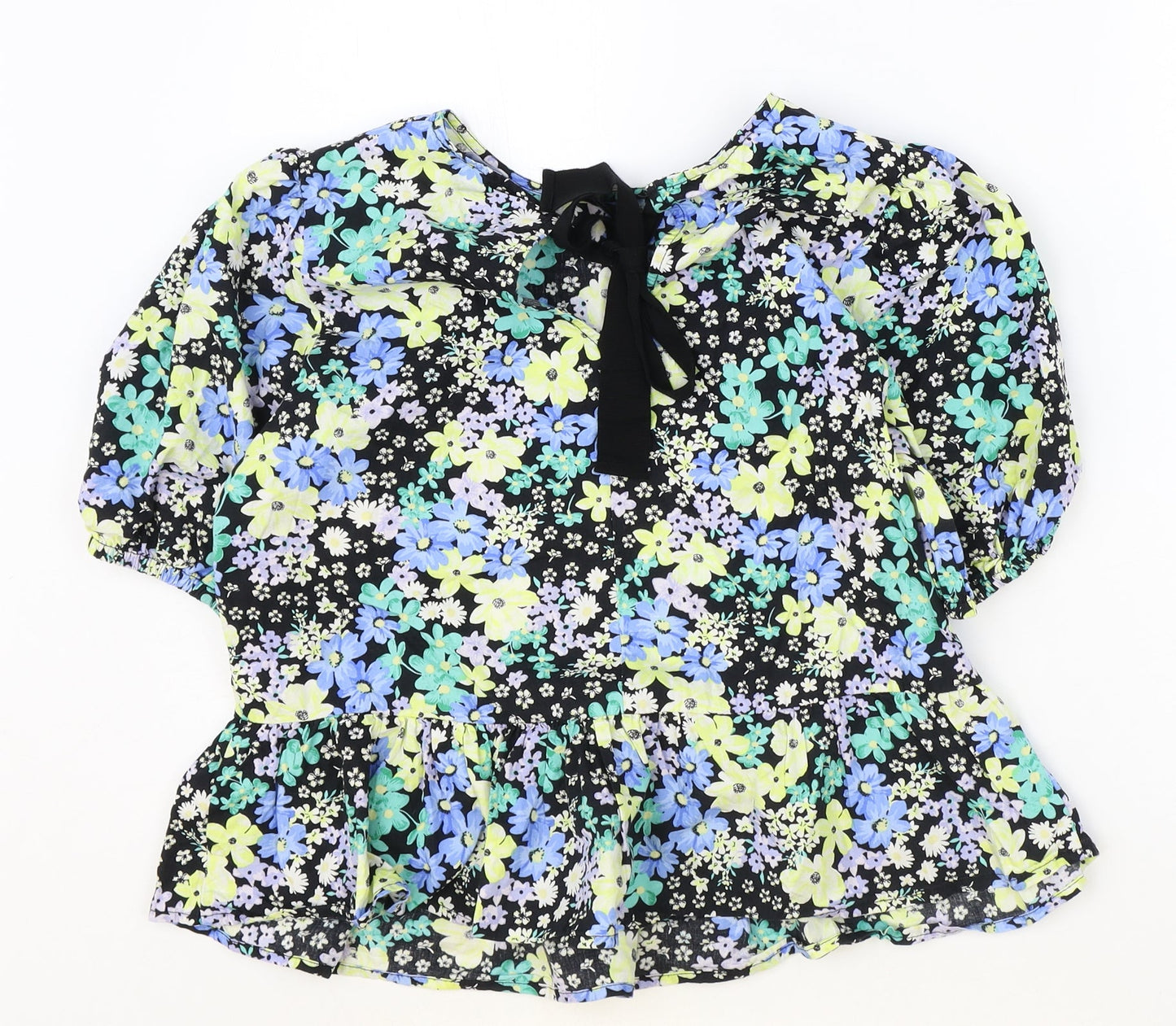 New Look Womens Black Floral 100% Cotton Basic Blouse Size 10 Round Neck