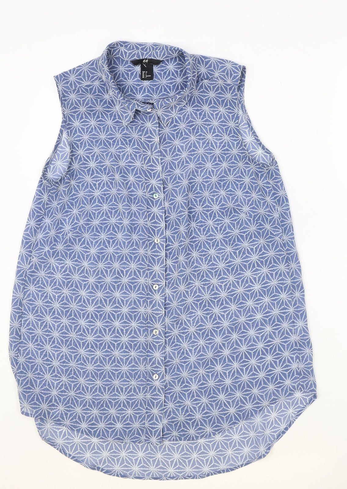 H&M Womens Blue Geometric Polyester Basic Button-Up Size 6 Collared