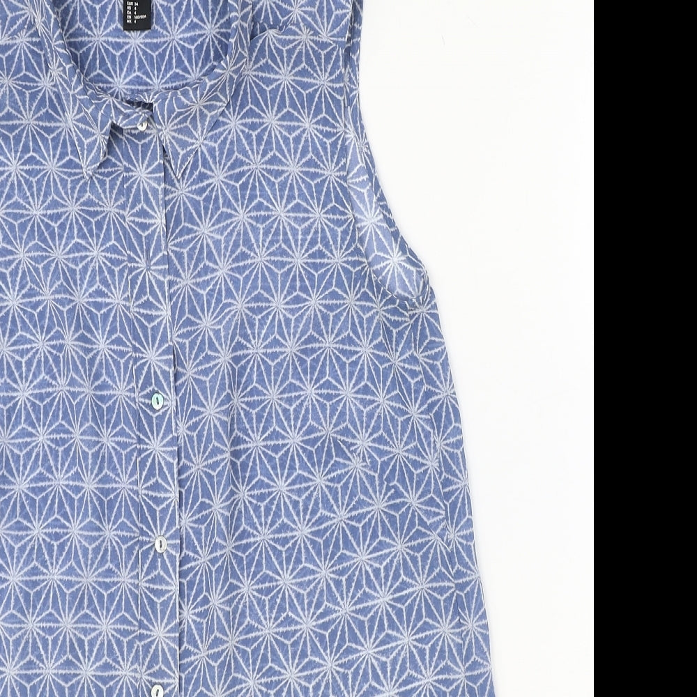 H&M Womens Blue Geometric Polyester Basic Button-Up Size 6 Collared