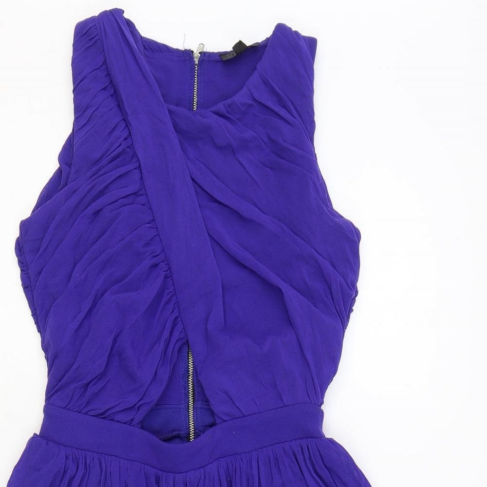 Topshop Womens Blue Nylon Skater Dress Size 8 Round Neck Zip