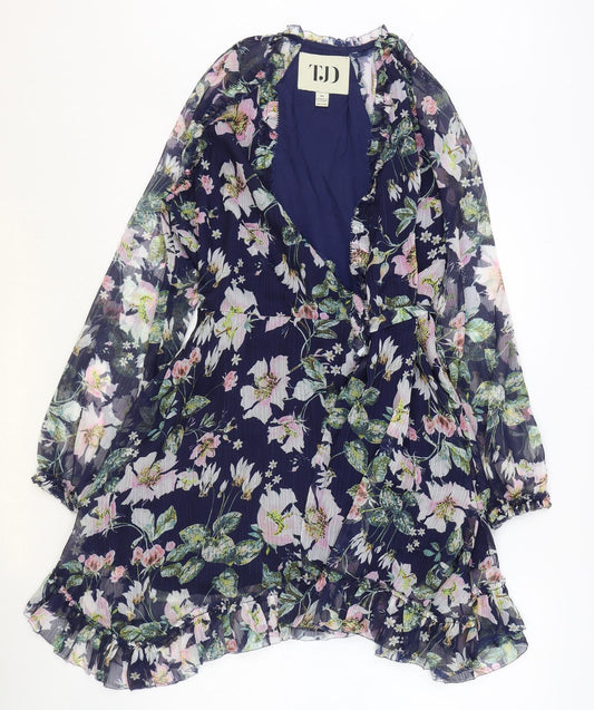 TJD Womens Blue Floral Polyester A-Line Size XS V-Neck Tie