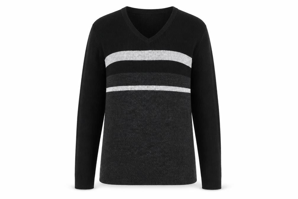 Classique Womens Black V-Neck Striped Acrylic Pullover Jumper Size M