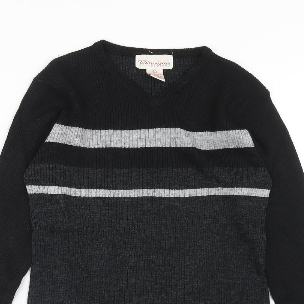 Classique Womens Black V-Neck Striped Acrylic Pullover Jumper Size M
