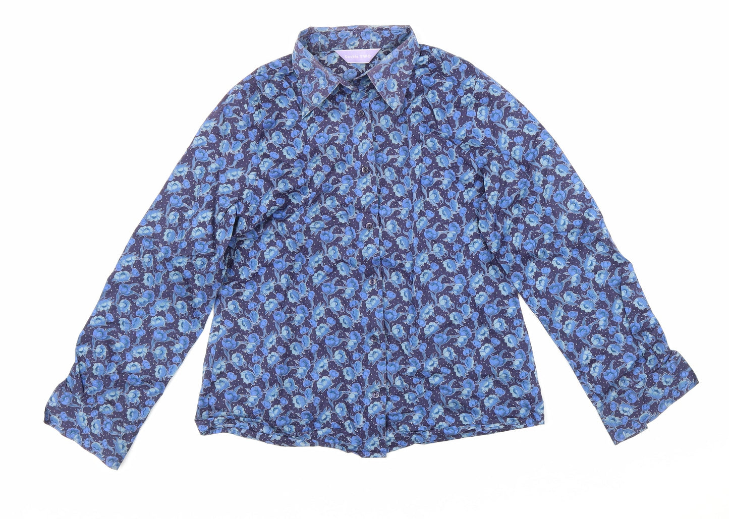 Double TWO Womens Blue Floral 100% Cotton Basic Button-Up Size 10 Collared