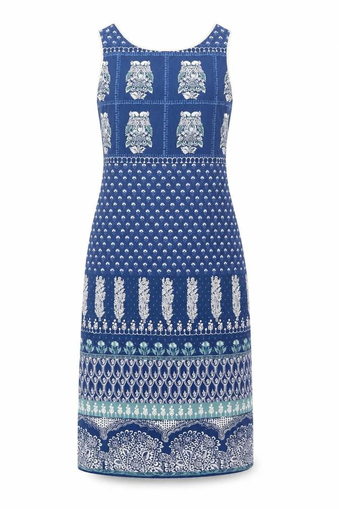 Biba Womens Blue Geometric Cotton Sheath Size XS Round Neck Pullover