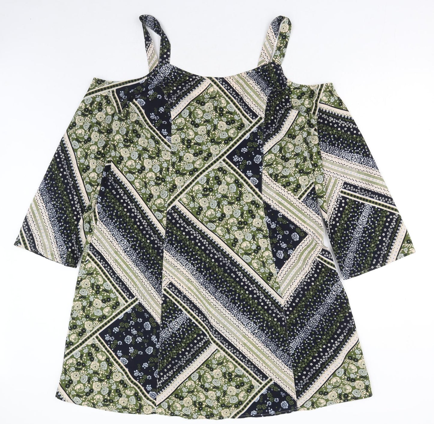Marks and Spencer Womens Green Geometric Polyester A-Line Size 14 Round Neck Pullover - Cold Shoulder