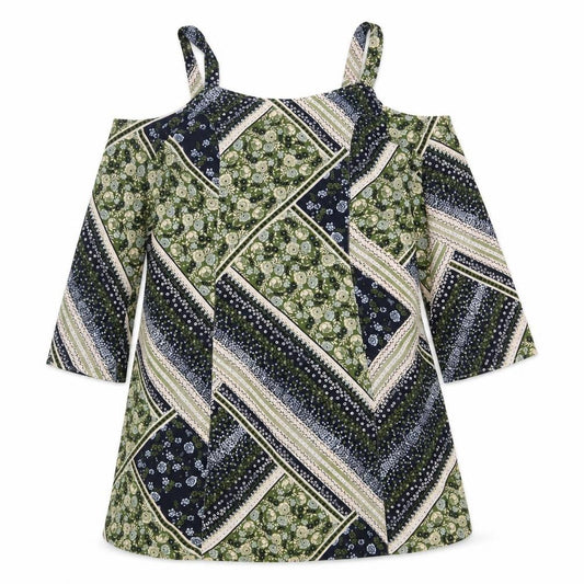 Marks and Spencer Womens Green Geometric Polyester A-Line Size 14 Round Neck Pullover - Cold Shoulder