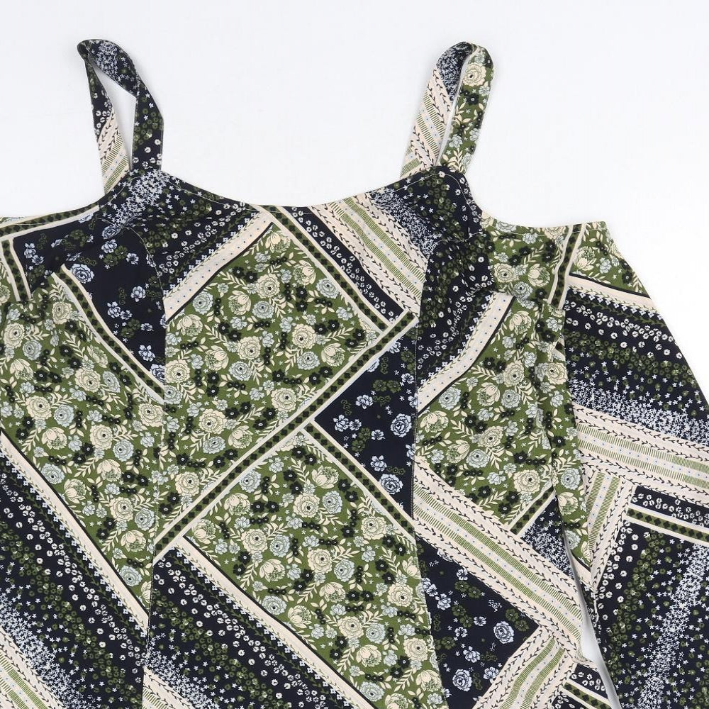 Marks and Spencer Womens Green Geometric Polyester A-Line Size 14 Round Neck Pullover - Cold Shoulder