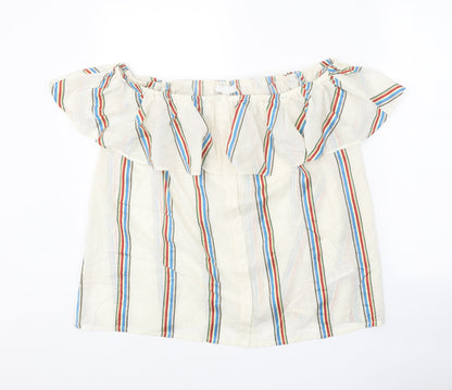 Monsoon Womens White Striped Cotton Basic Blouse Size L Off the Shoulder