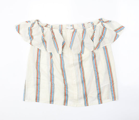 Monsoon Womens White Striped Cotton Basic Blouse Size L Off the Shoulder