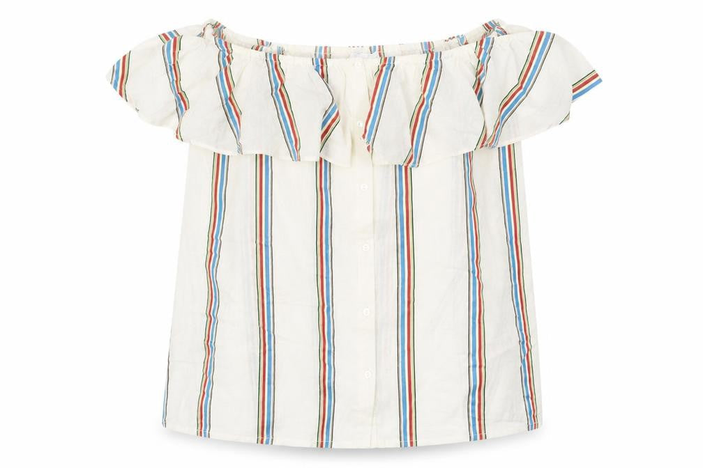 Monsoon Womens White Striped Cotton Basic Blouse Size L Off the Shoulder