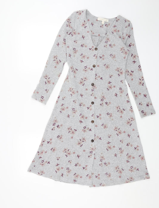 Monteau Womens Grey Floral Polyester A-Line Size XS V-Neck Pullover