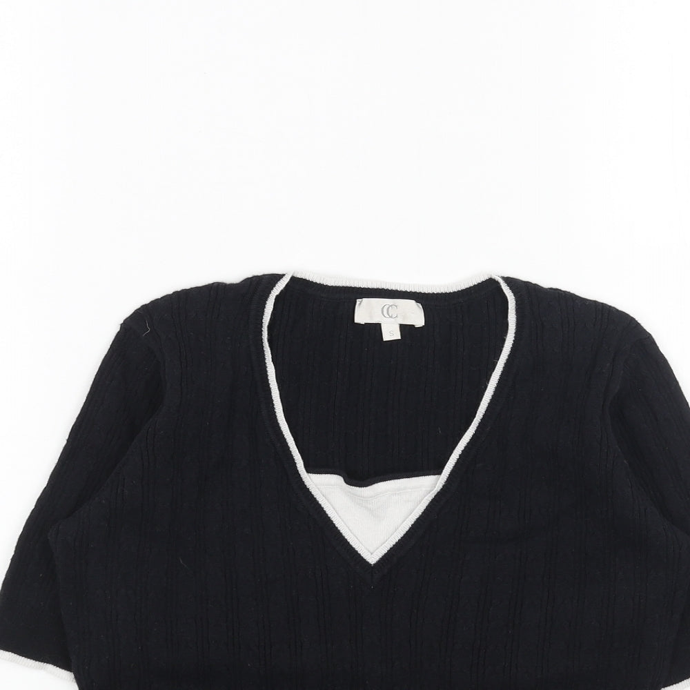 CC Womens Black V-Neck Cotton Pullover Jumper Size S