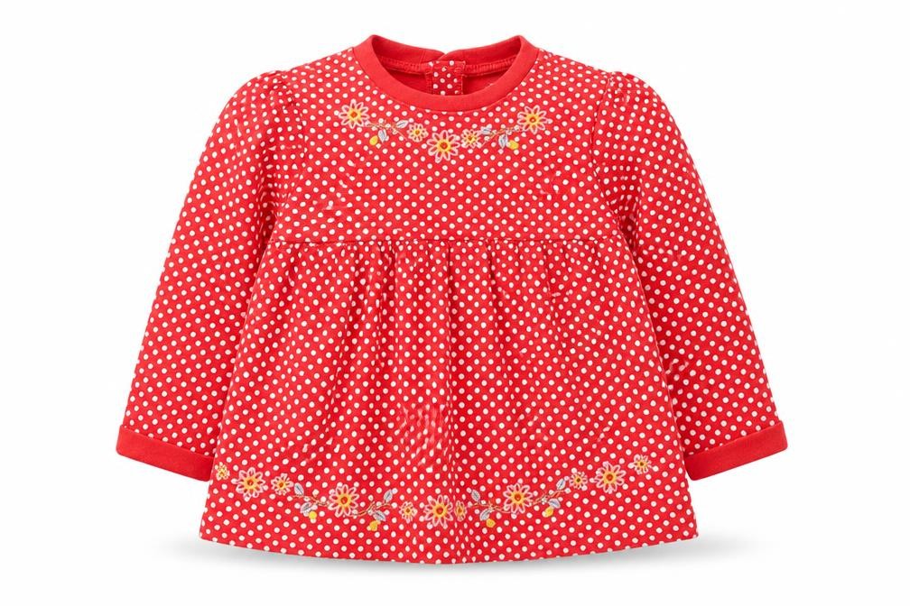 TU Girls Red Geometric Cotton Jumper Dress Size 6-9 Months Round Neck Button