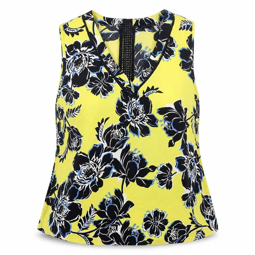 Warehouse Womens Yellow Floral Polyester Basic Blouse Size 16 V-Neck