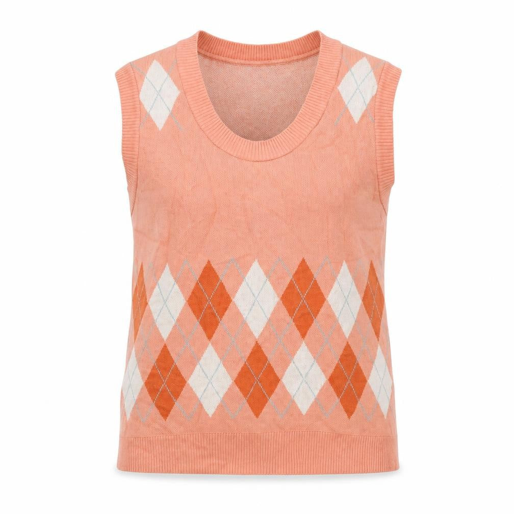 Next Womens Pink Round Neck Plaid Acrylic Vest Jumper Size S