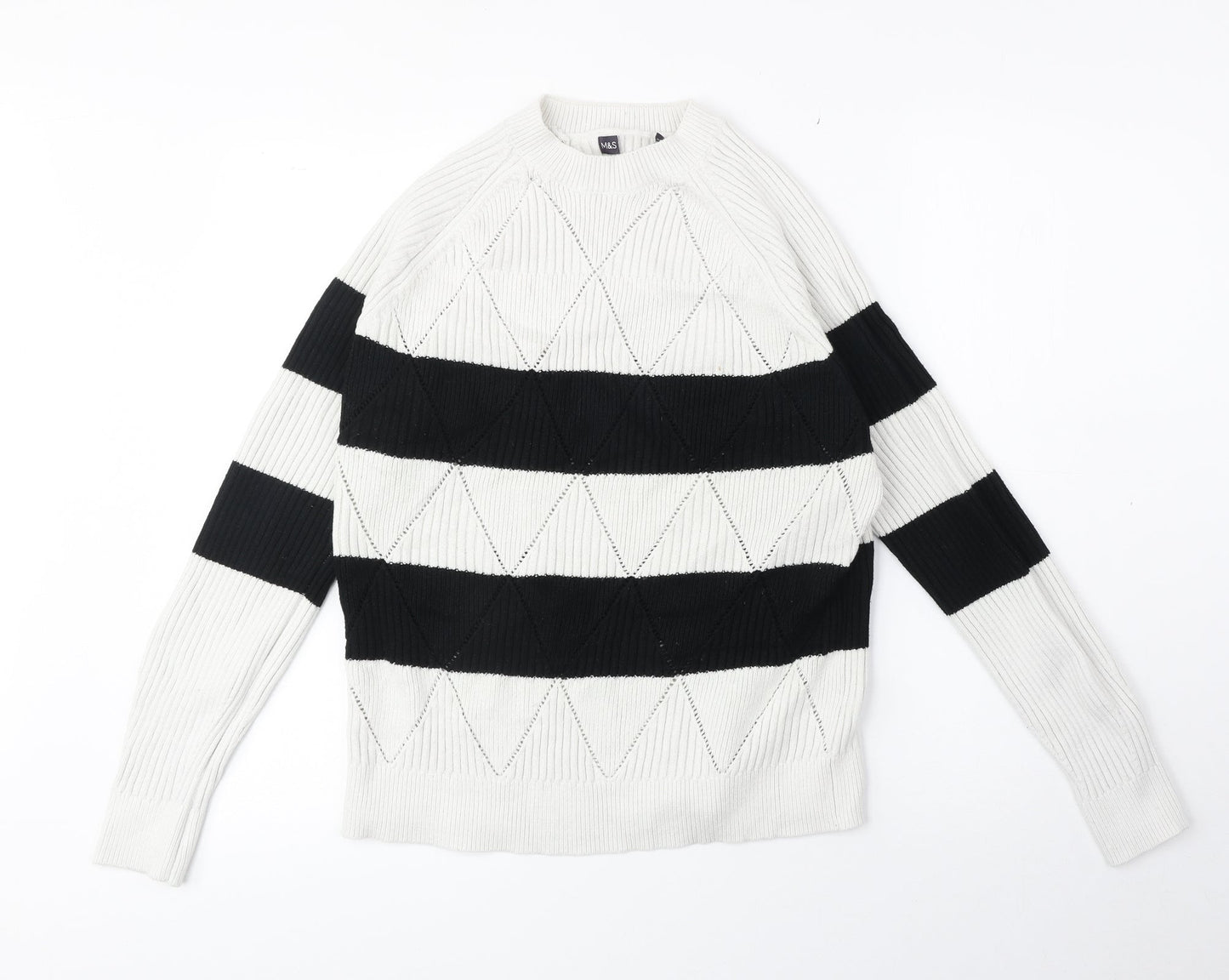 Marks and Spencer Womens White Round Neck Striped Acrylic Pullover Jumper Size M