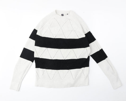 Marks and Spencer Womens White Round Neck Striped Acrylic Pullover Jumper Size M