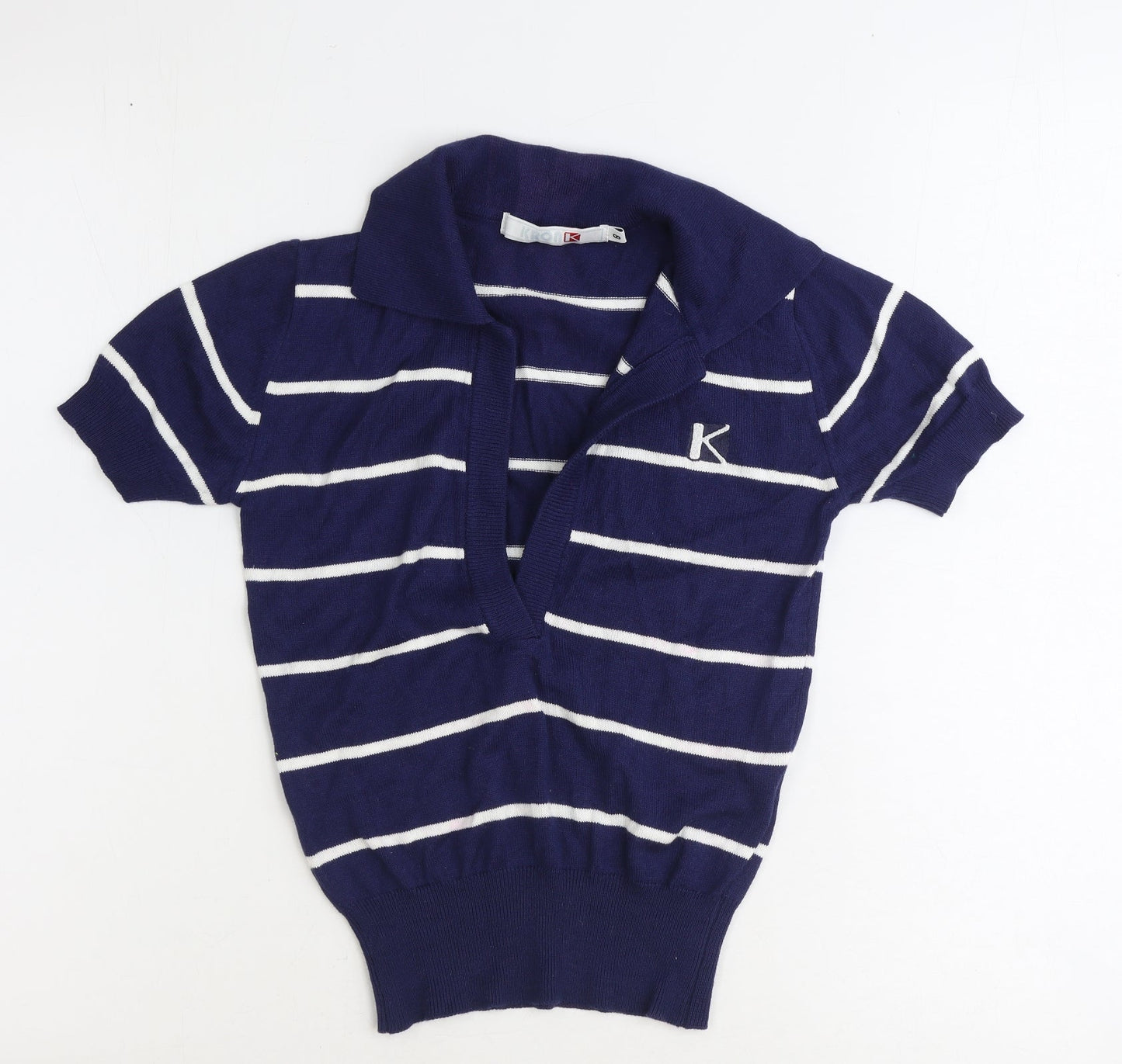 Kronk Womens Blue Collared Striped Cotton Pullover Jumper Size 8