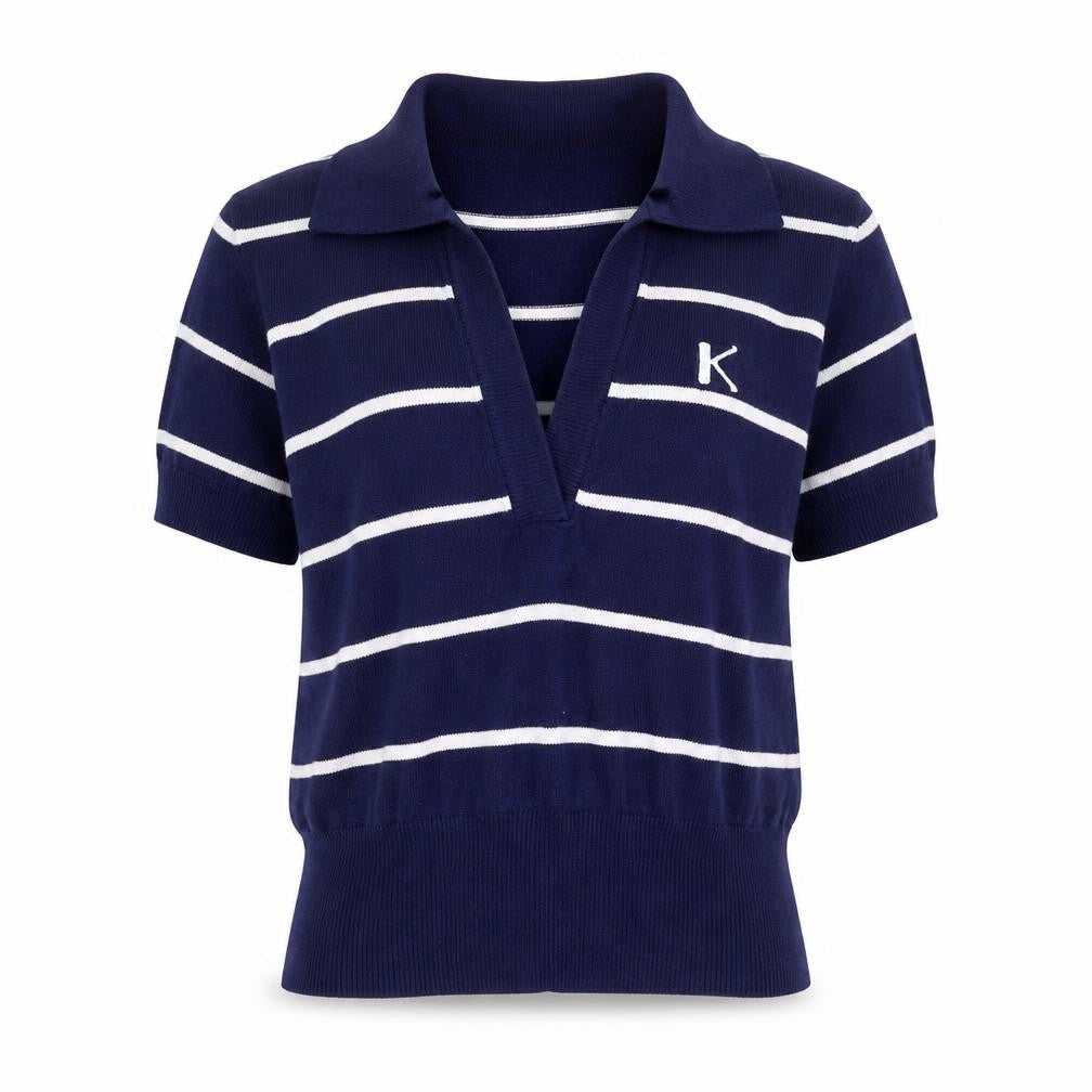 Kronk Womens Blue Collared Striped Cotton Pullover Jumper Size 8