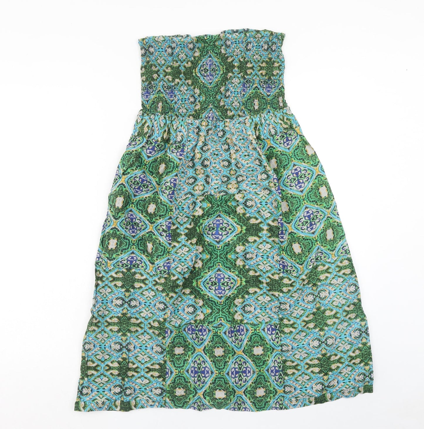Peacocks Womens Green Geometric Viscose A-Line Size 8 Off the Shoulder Pullover - Shirred Top