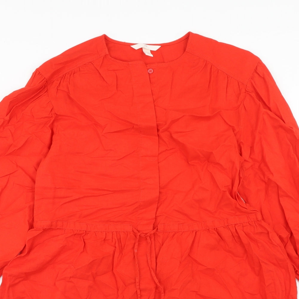 H&M Womens Red Herringbone Linen A-Line Size XS Roll Neck Button