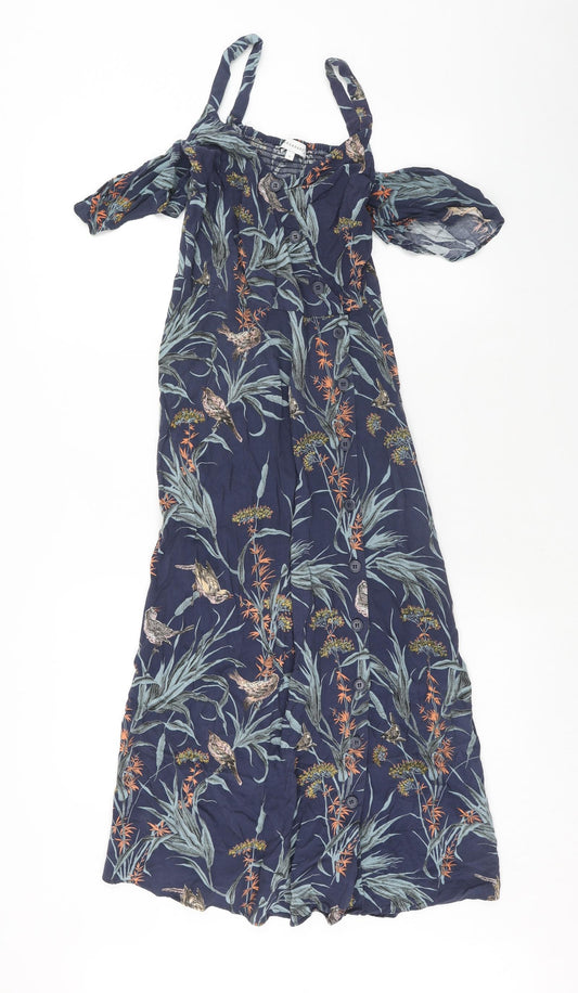 Warehuse Womens Blue Floral Viscose A-Line Size 6 Square Neck Button - Shirred Back