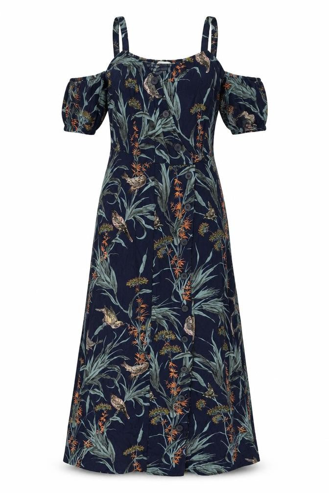 Warehuse Womens Blue Floral Viscose A-Line Size 6 Square Neck Button - Shirred Back