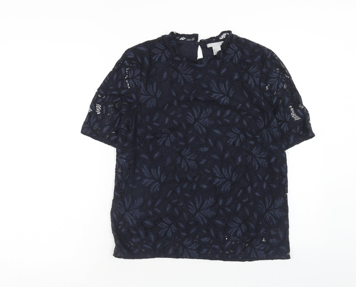 H&M Womens Blue Floral Viscose Basic Blouse Size S Round Neck