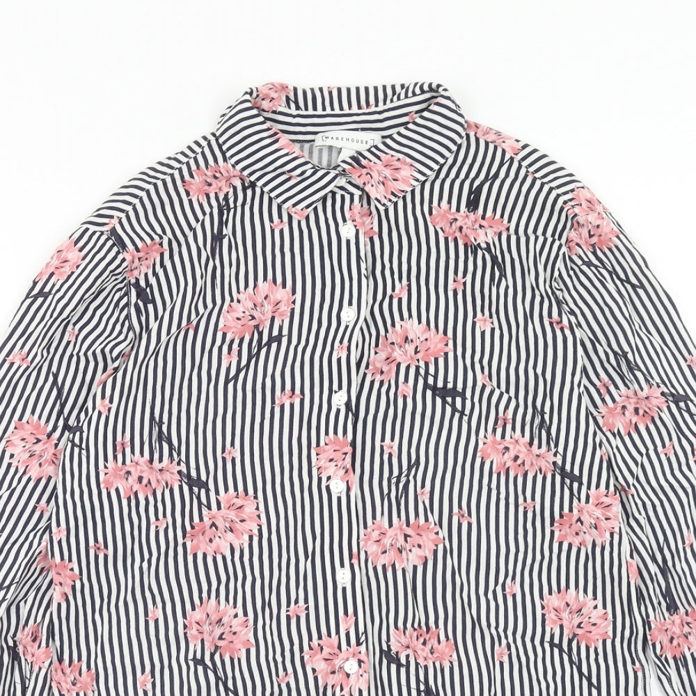 Warehouse Womens Black Geometric Viscose Basic Button-Up Size 6 V-Neck