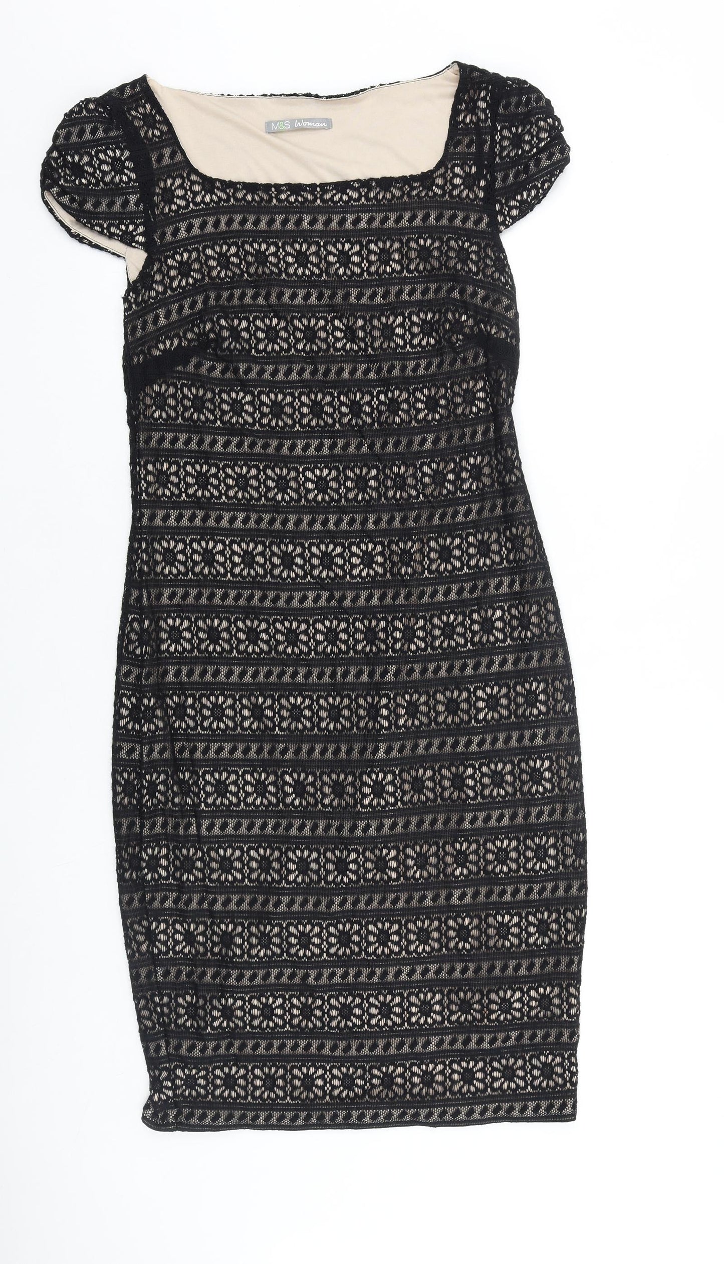 Marks and Spencer Womens Black 100% Cotton Pencil Dress Size 8 Square Neck Pullover