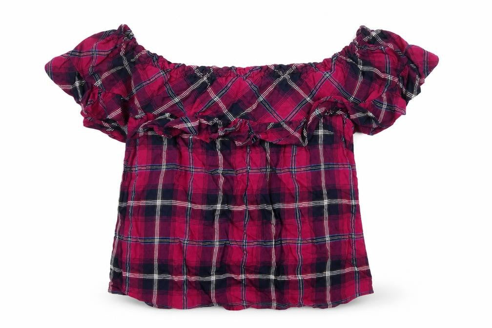Stradivarius Womens Purple Plaid Viscose Basic Blouse Size M Off the Shoulder - Bardot