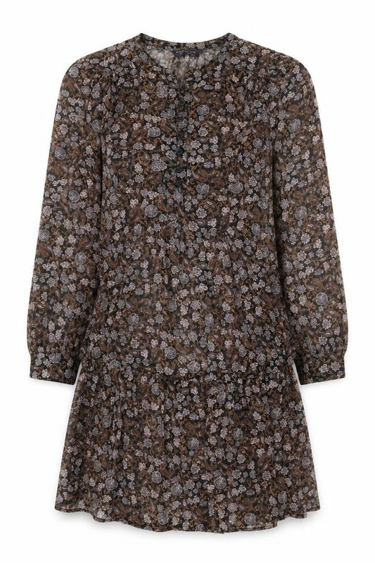 Marks and Spencer Womens Brown Floral Polyester A-Line Size 6 Round Neck Button