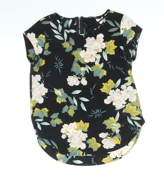 Only Womens Black Floral Polyester Basic Blouse Size 6 Scoop Neck