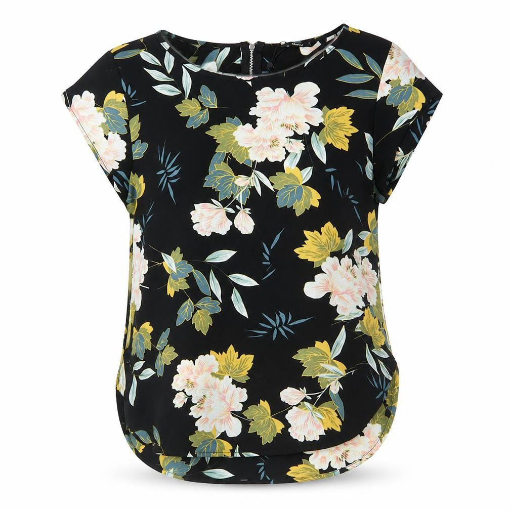 Only Womens Black Floral Polyester Basic Blouse Size 6 Scoop Neck