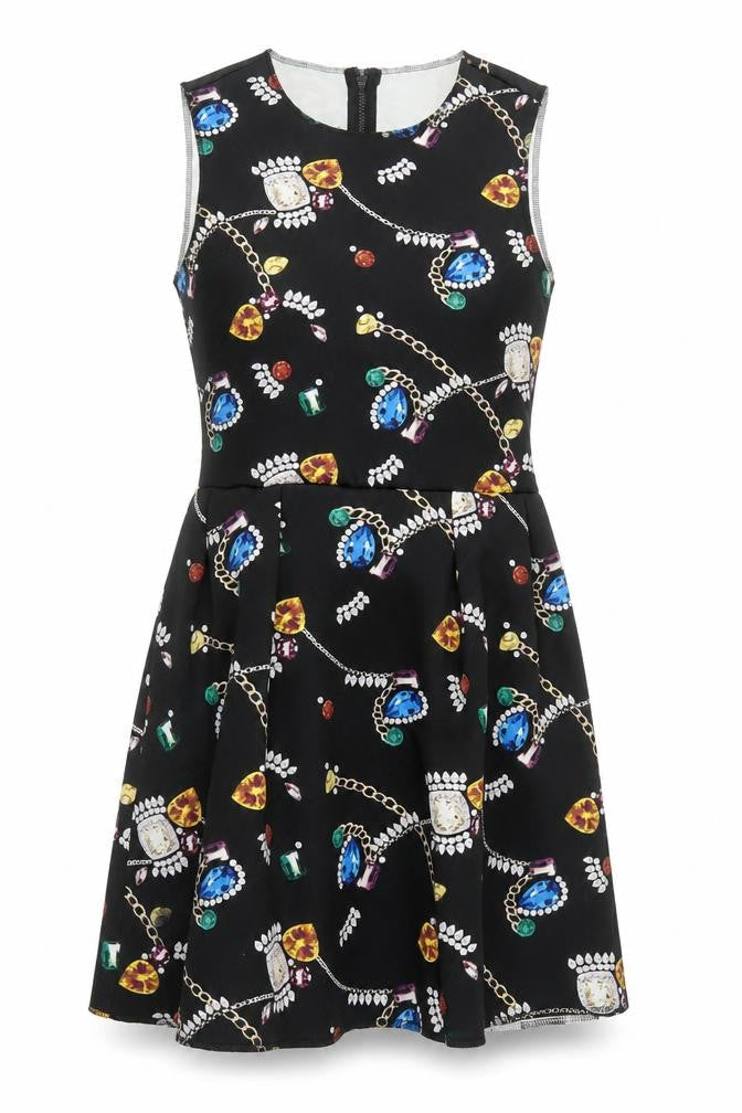H&M Womens Black Geometric Polyester Skater Dress Size L Round Neck Zip