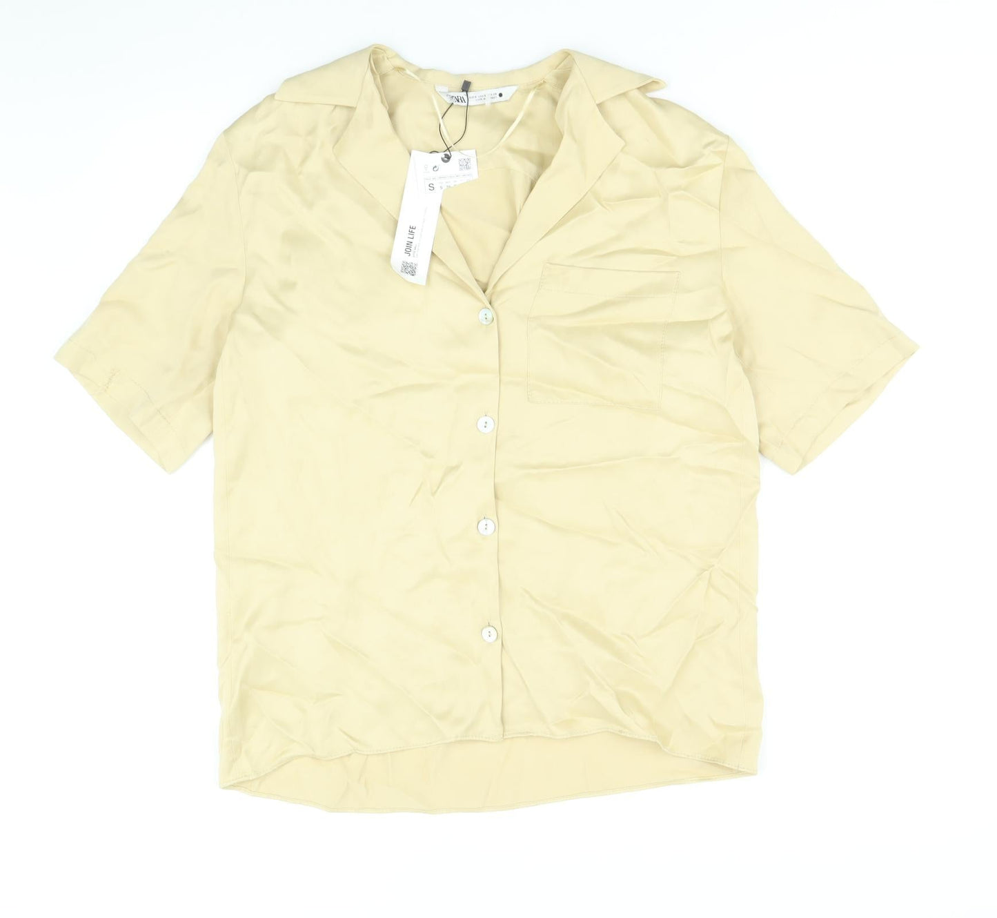 Zara Womens Gold Viscose Basic Button-Up Size S V-Neck