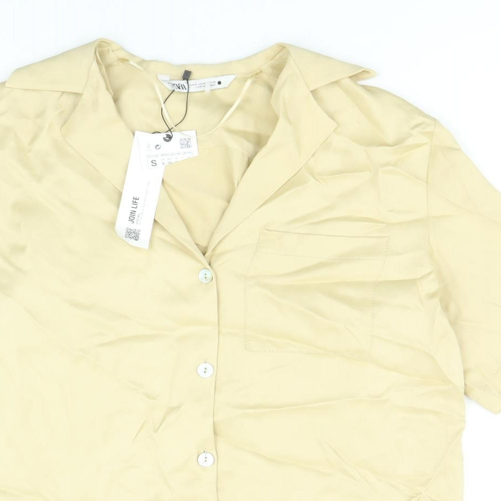 Zara Womens Gold Viscose Basic Button-Up Size S V-Neck