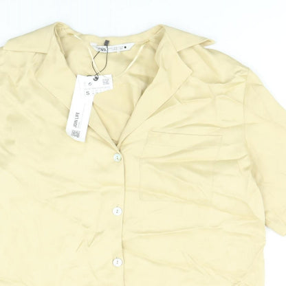 Zara Womens Gold Viscose Basic Button-Up Size S V-Neck