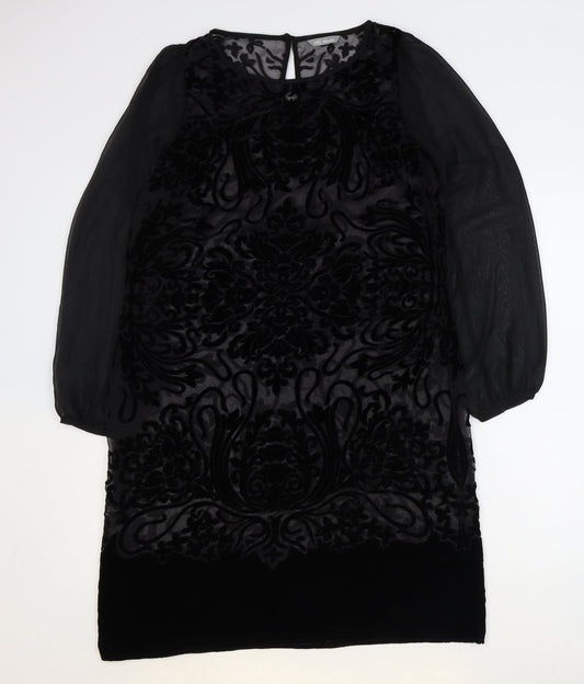 Marks and Spencer Womens Black Paisley Viscose Sheath Size 12 Boat Neck Button - Sheer Sleeves