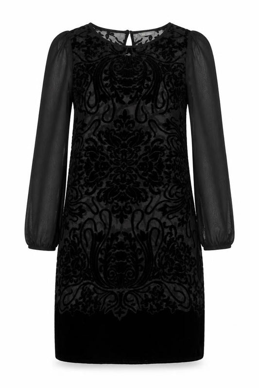 Marks & Spencer Womens Black Paisley Viscose Sheath Size 12 Boat Neck Button - Sheer Sleeves