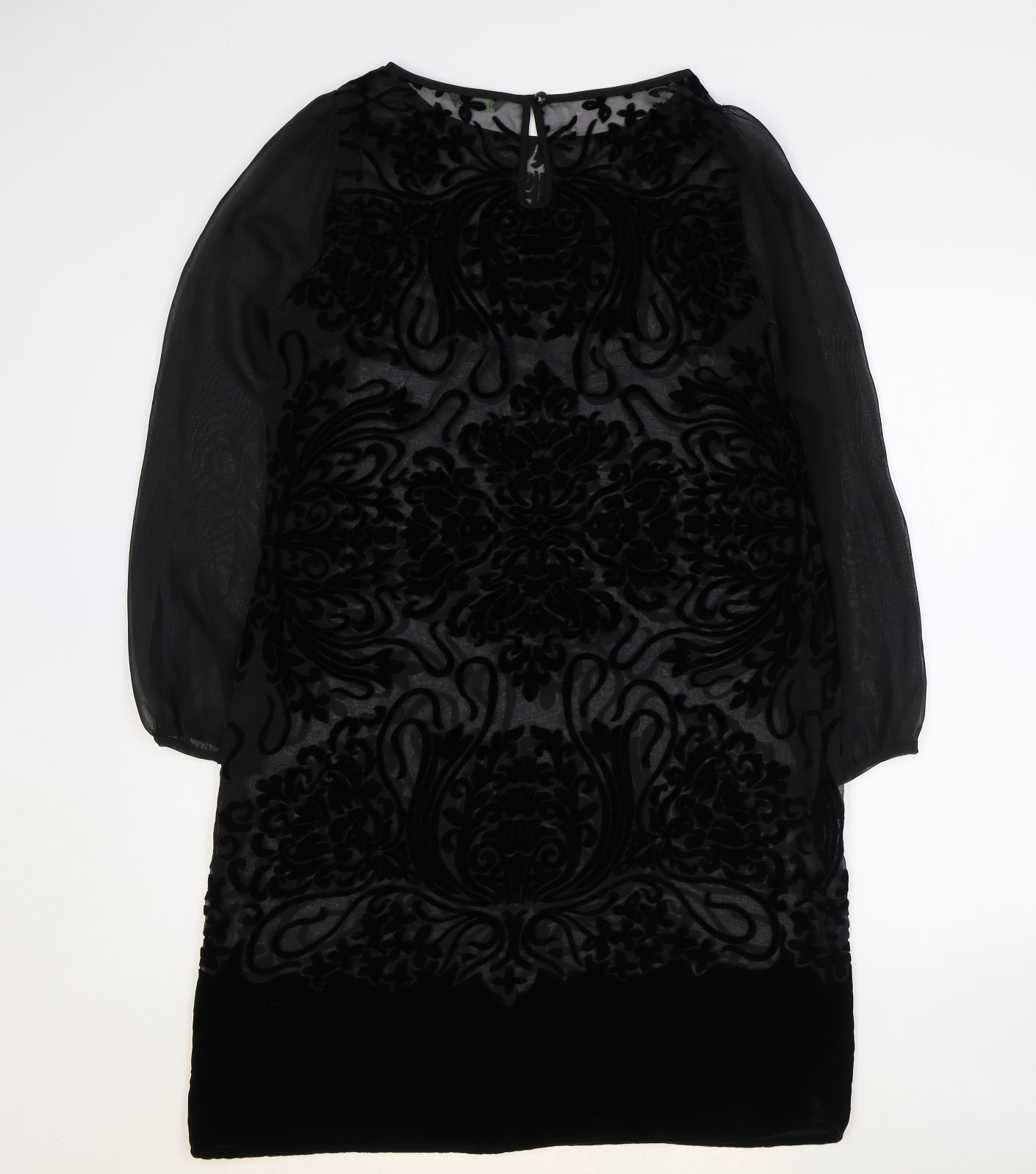 Marks and Spencer Womens Black Paisley Viscose Sheath Size 12 Boat Neck Button - Sheer Sleeves