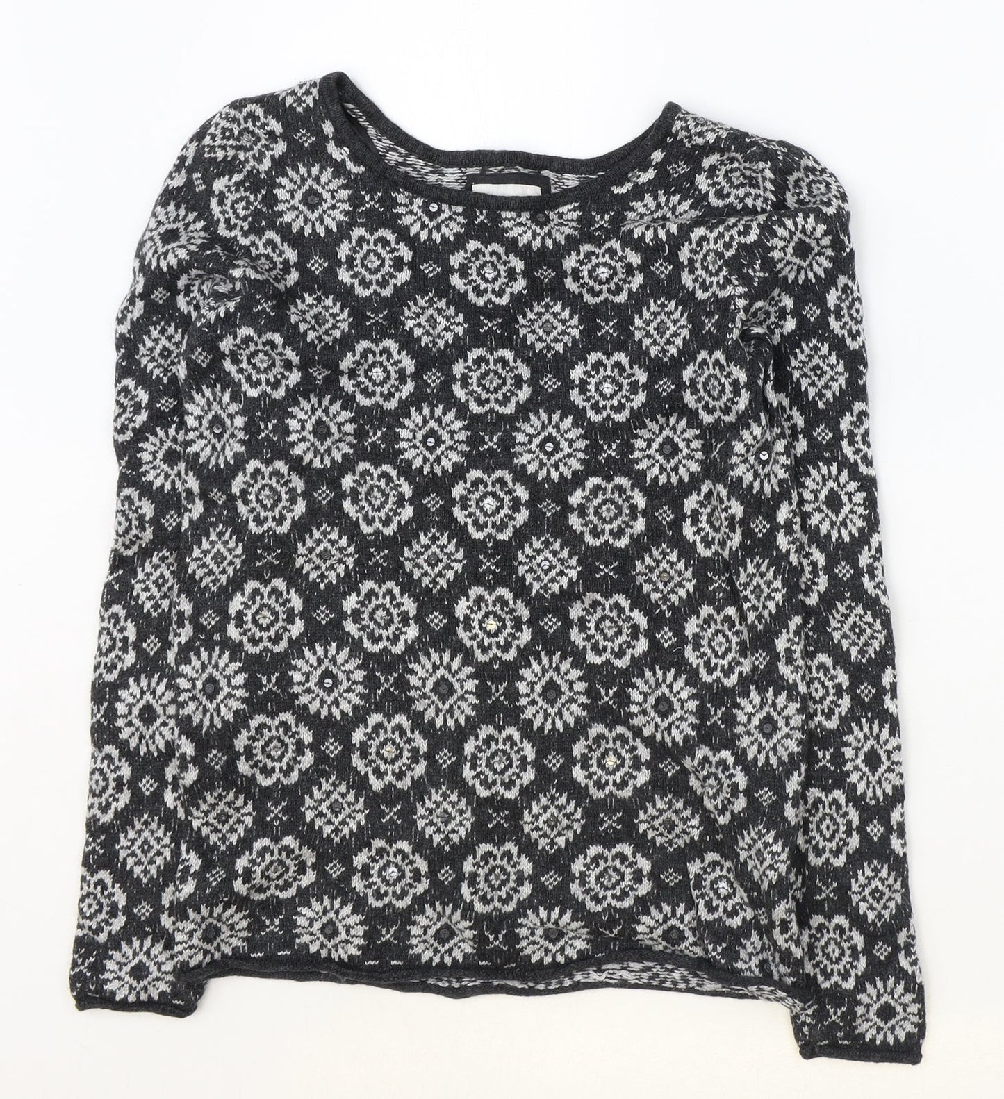 H&M Womens Grey Round Neck Geometric Cotton Pullover Jumper Size S
