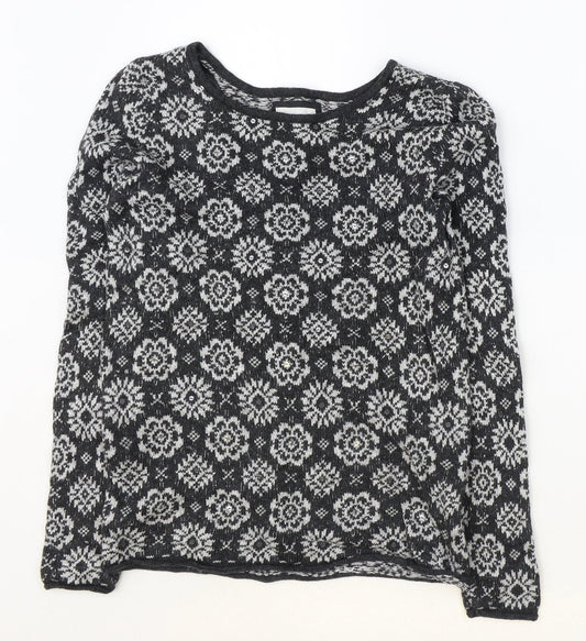 H&M Womens Grey Round Neck Geometric Cotton Pullover Jumper Size S
