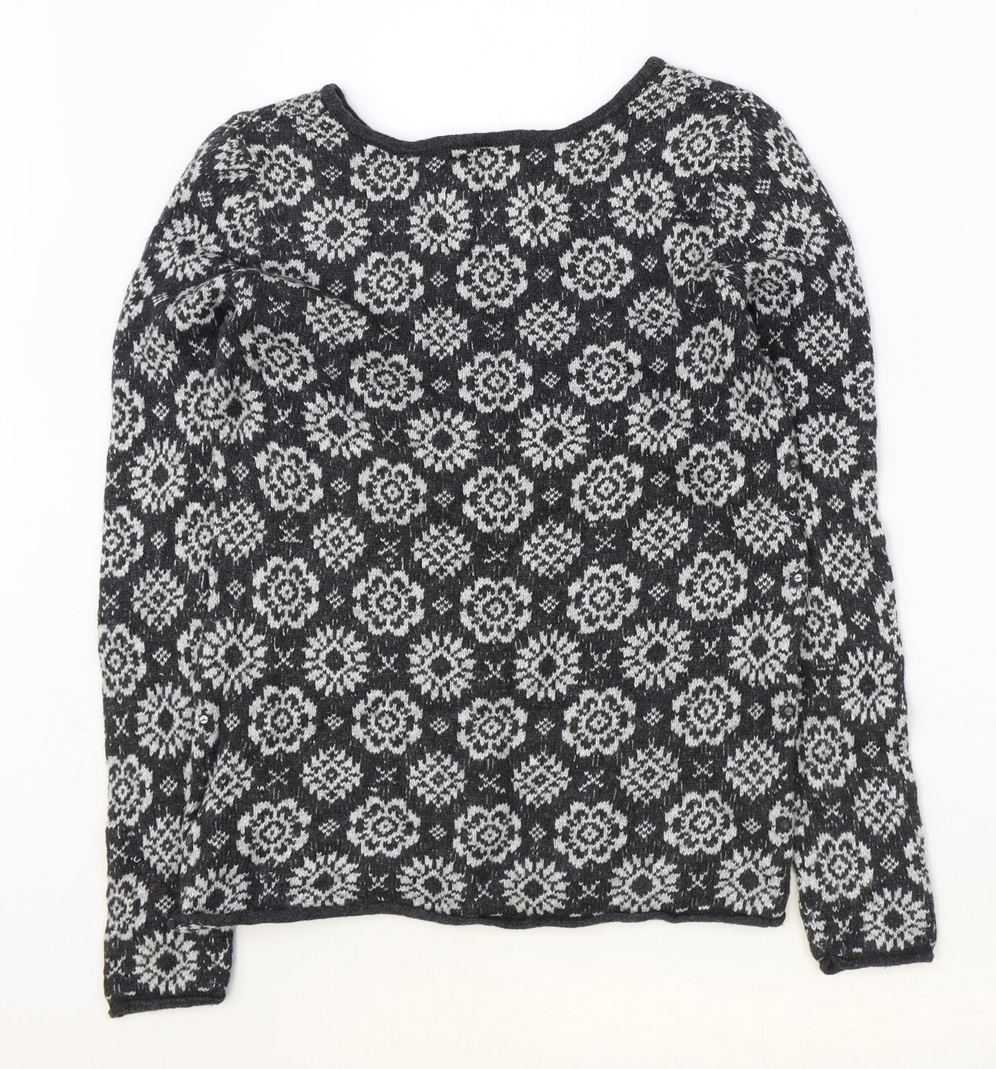 H&M Womens Grey Round Neck Geometric Cotton Pullover Jumper Size S