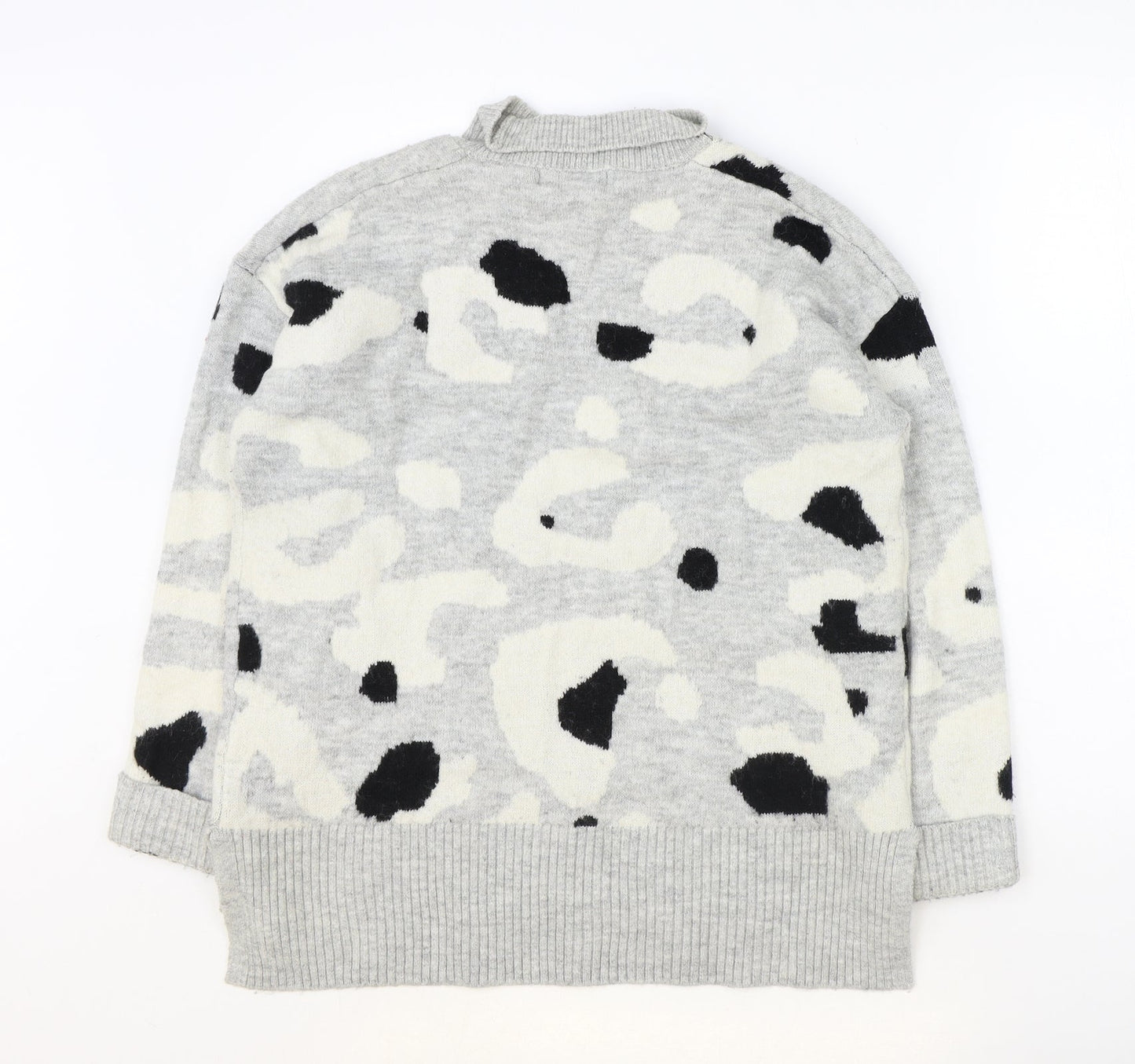 Marks and Spencer Womens Grey High Neck Animal Print Acrylic Pullover Jumper Size M - Leopard Print