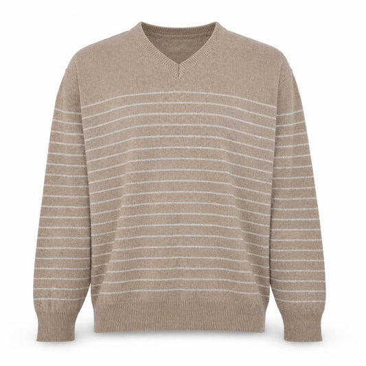 Matalan Mens Brown V-Neck Striped Acrylic Pullover Jumper Size L Long Sleeve