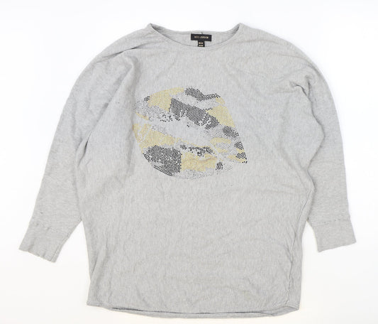 QED London Womens Grey Viscose Basic Blouse Size S Boat Neck - Lips Motif